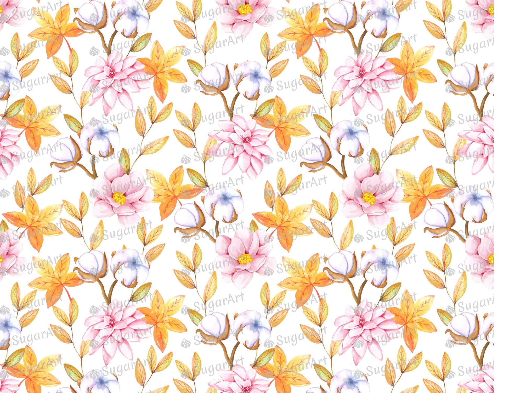 Fall Watercolor Pattern With Cotton Flowers - Icing - ISA114.