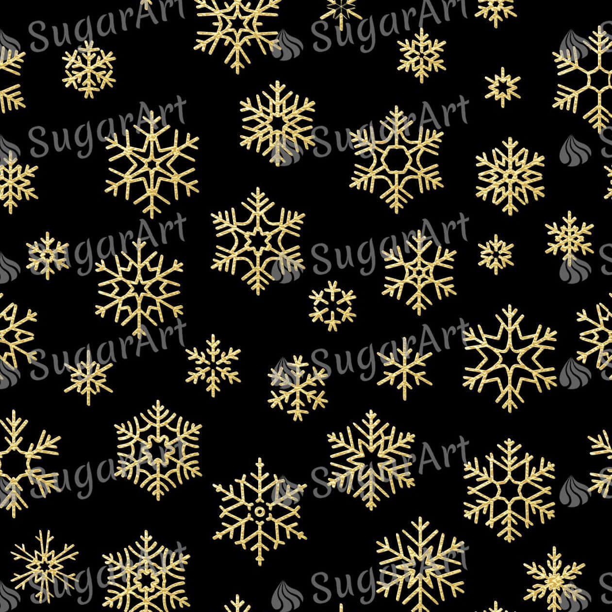 Golden Snowflakes on Black Background - Icing - ISA128.