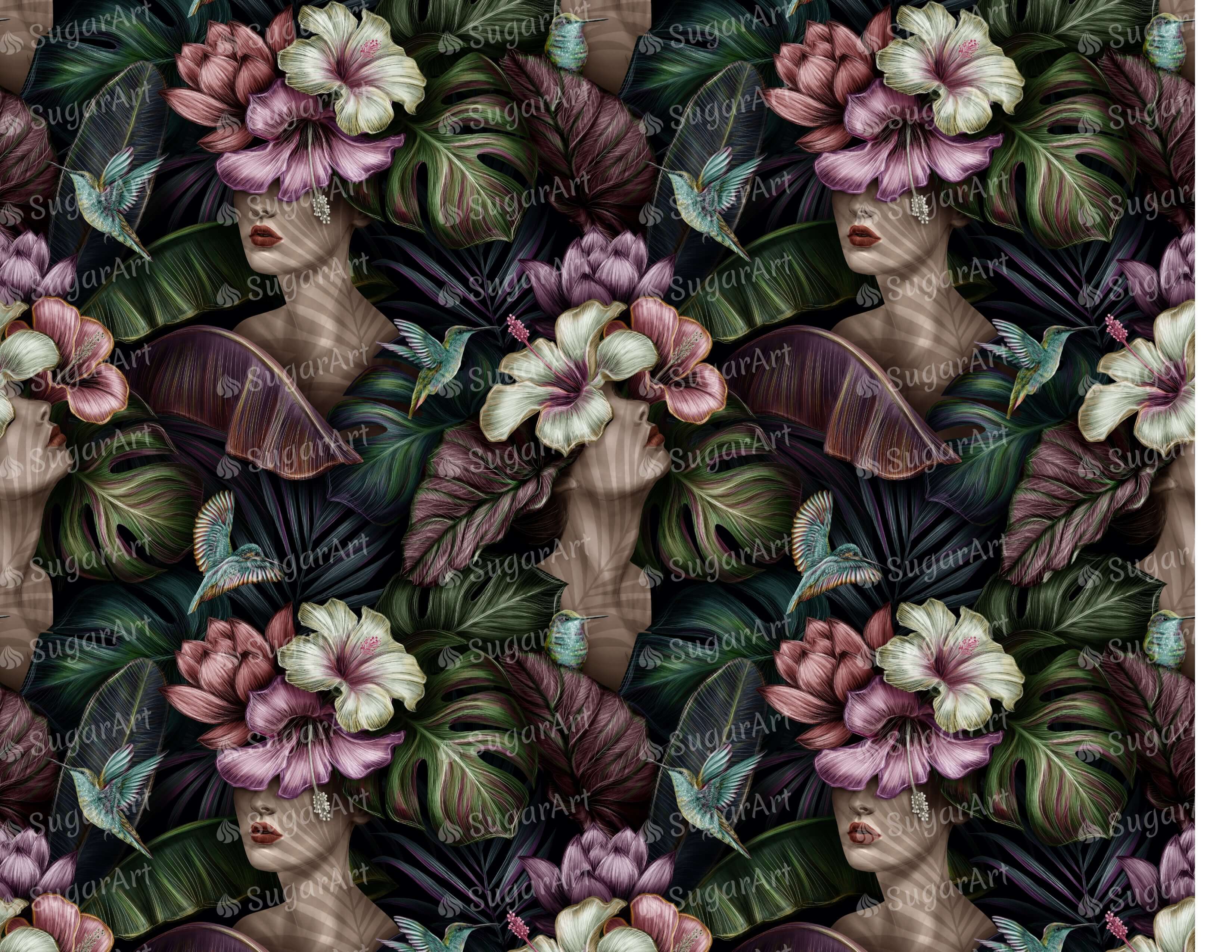 Tropical Vintage Pattern with Women and Hibiscus - Icing - ISA240.