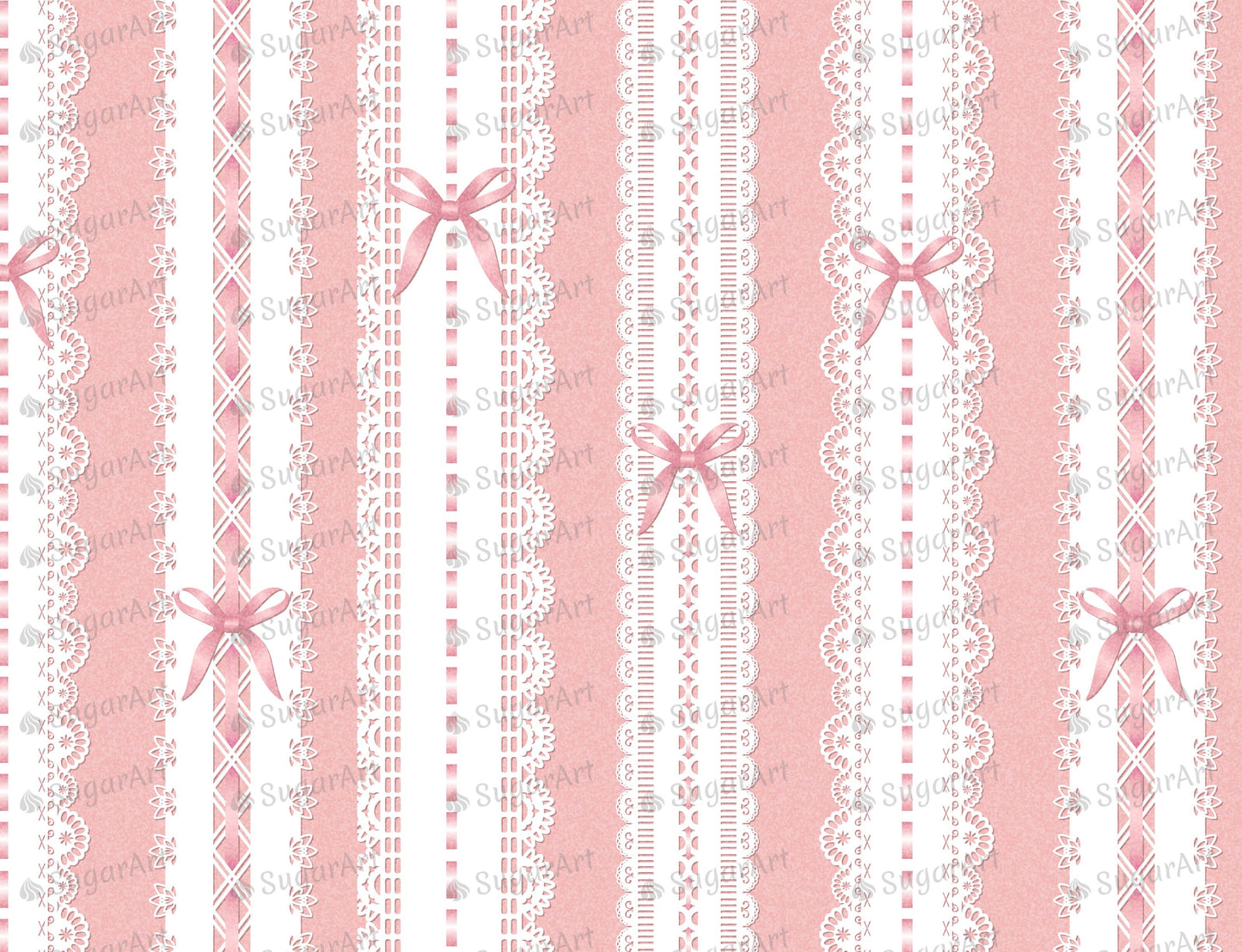 Elegant White Laces With Bow On Pink - Edible Fabric - EF014.