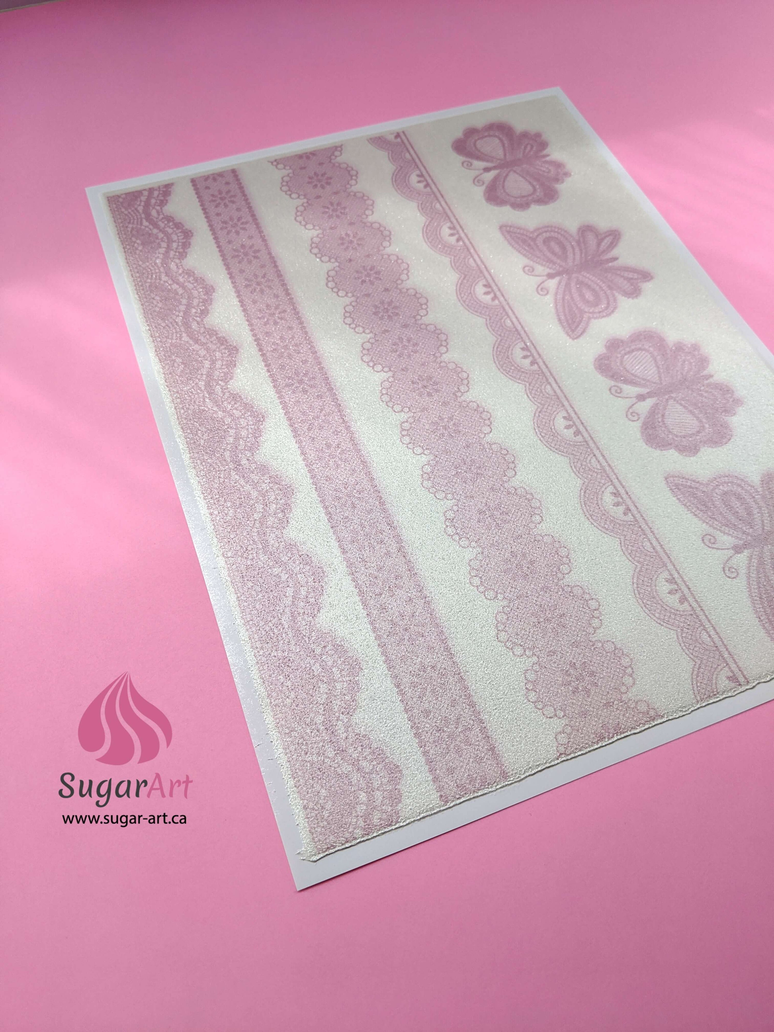 Dusty Rose Lace Borders and Butterflies - Edible Fabric - EF015.