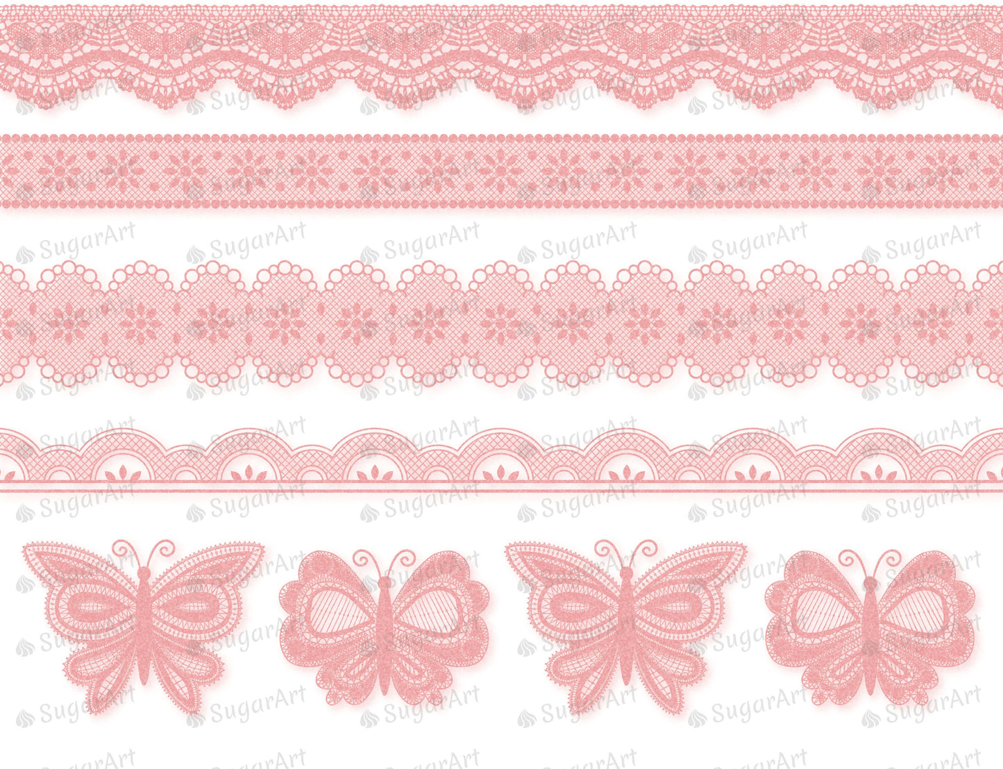 Dusty Rose Lace Borders and Butterflies - Edible Fabric - EF015.
